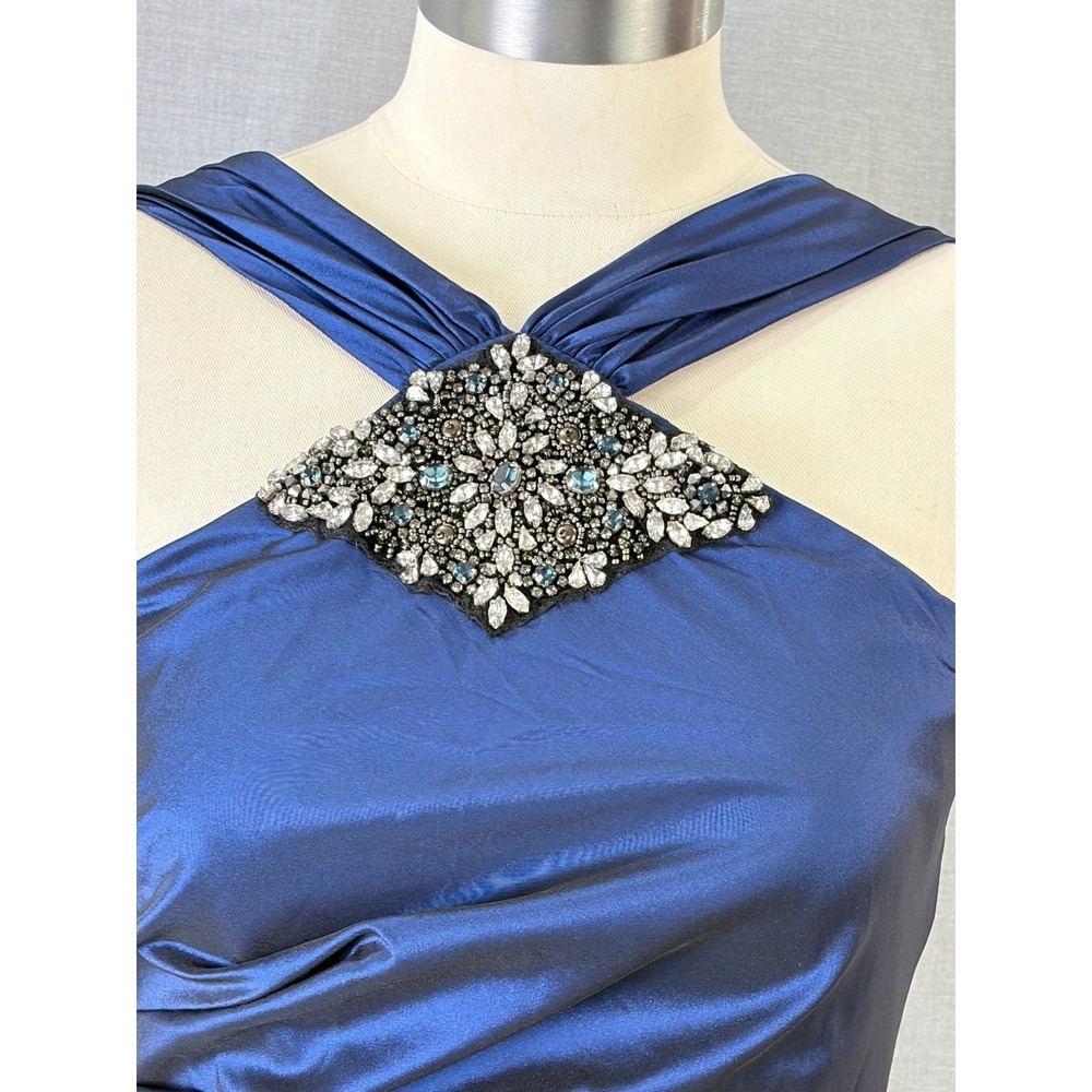 David Meister Sapphire Blue Jewel Embellished Halter Mermaid Gown 4 - Picture 3 of 11